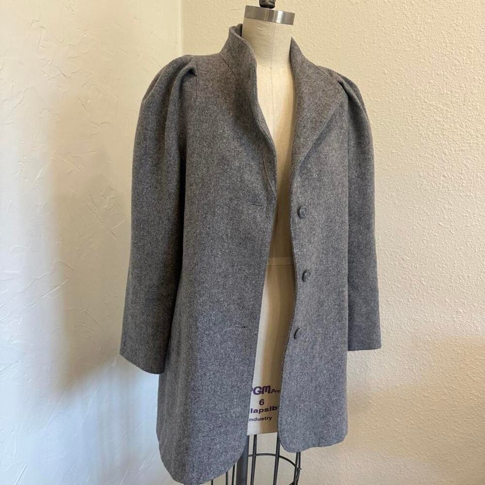 Vintage 1980s Gray Wool Princess Coat, Puff Sleeve Minimalist Coat, Size 7-8